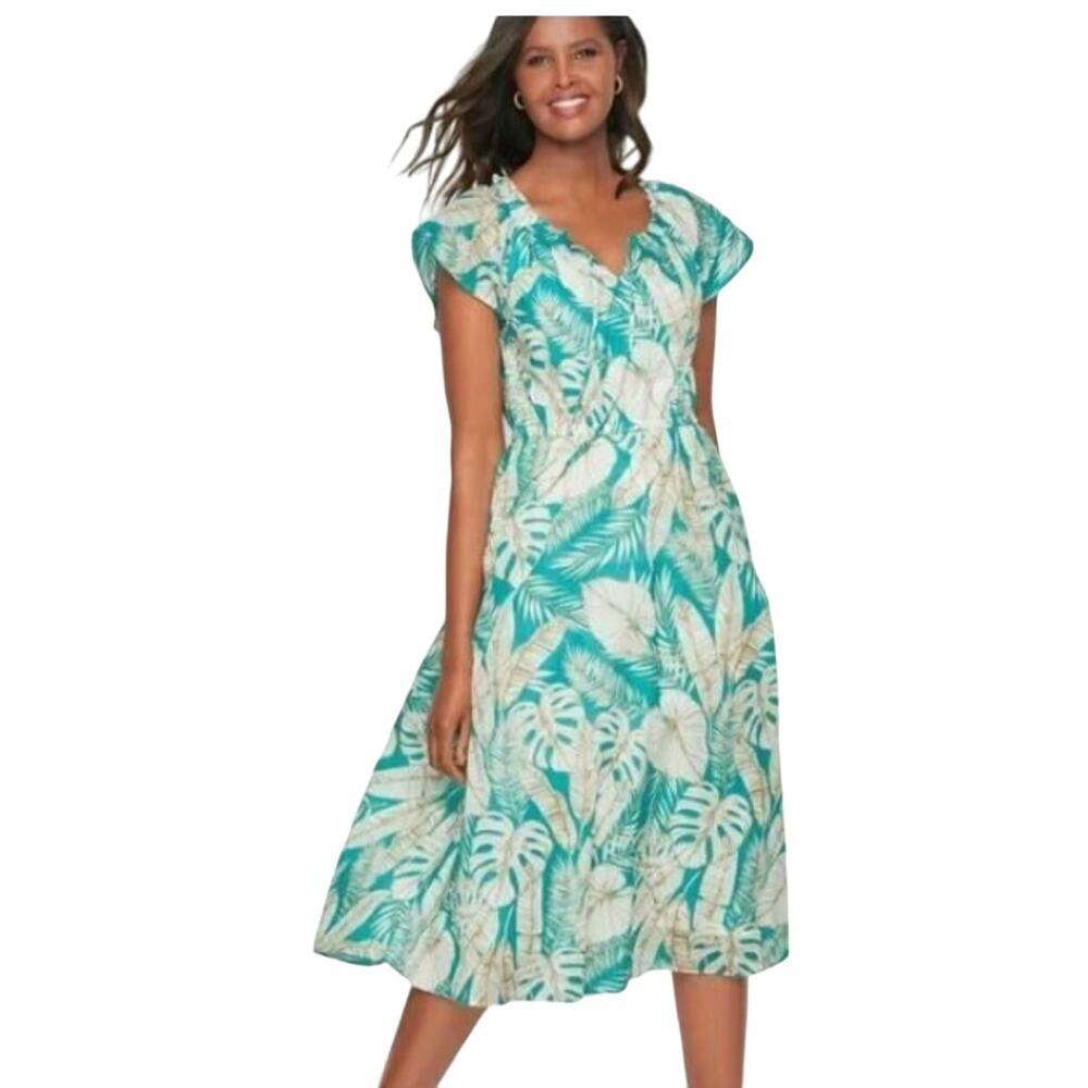 Talbots Dress Short Sleeves Floral Turquoise White Size Petite 2P